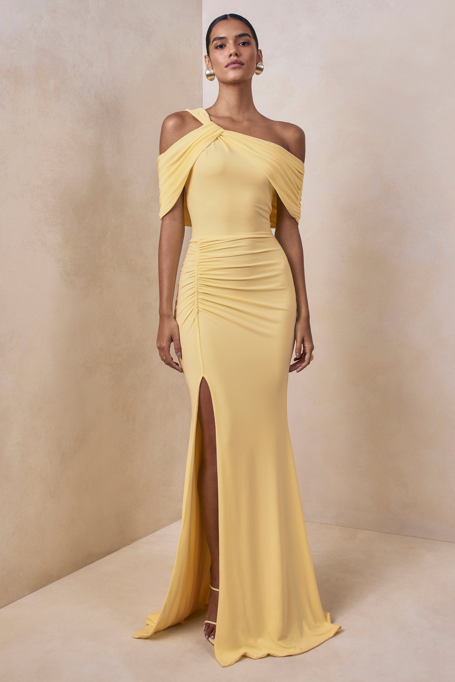 Nala | Lemon Asymmetric-Neck Maxi Dress With Gathered Detailing