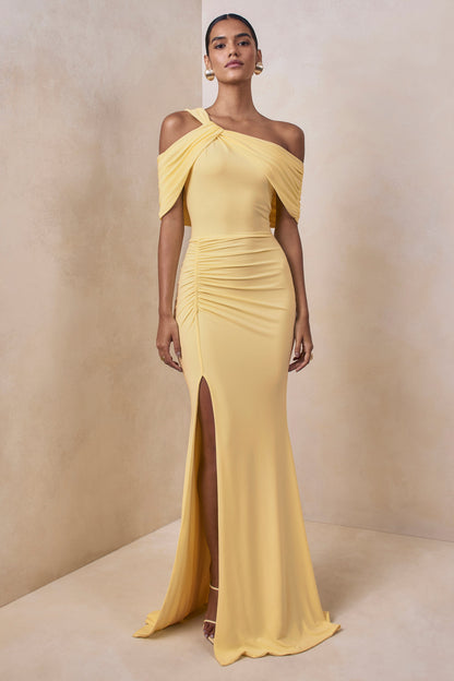 Nala | Lemon Asymmetric-Neck Maxi Dress With Gathered Detailing