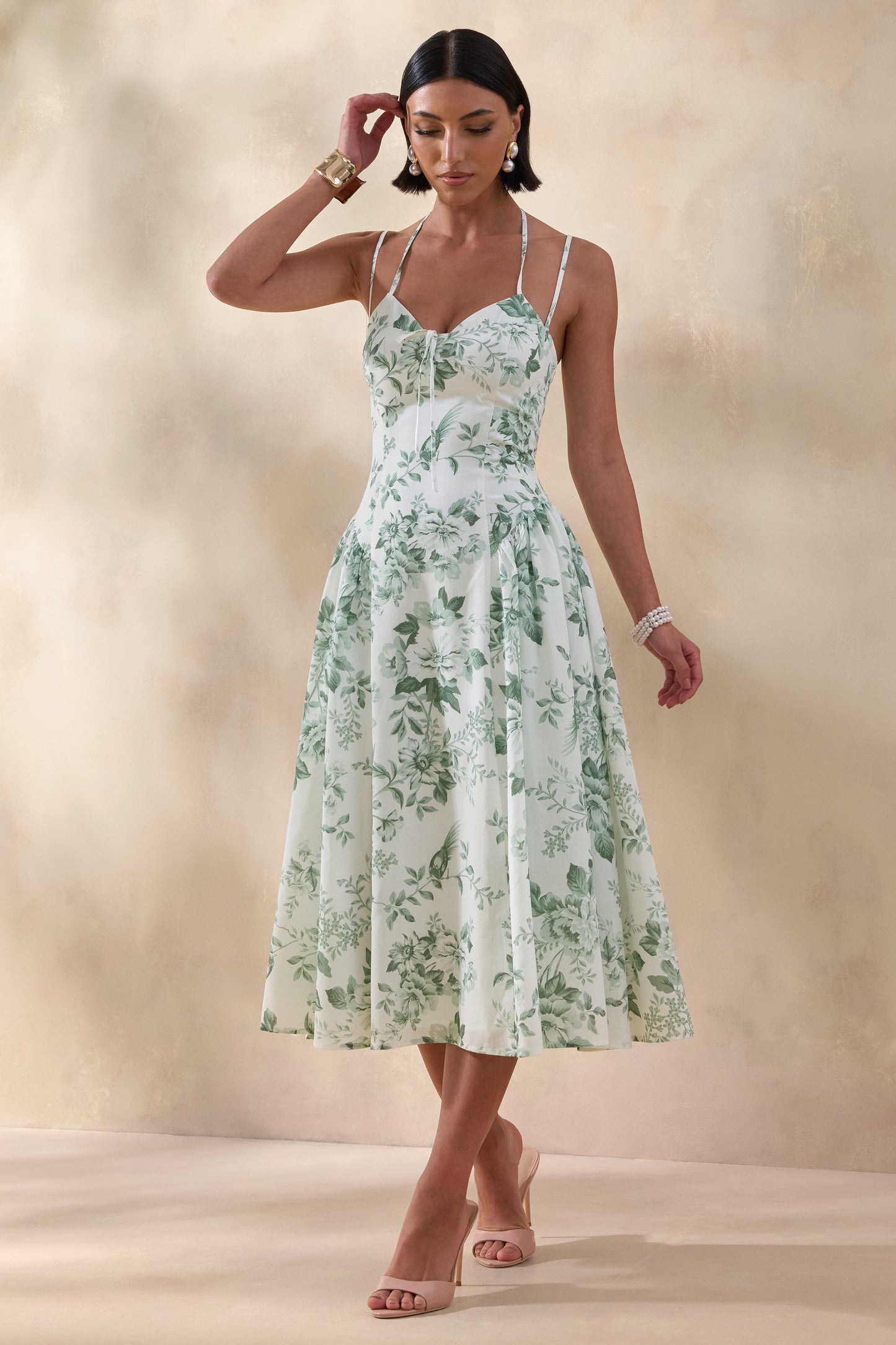 Audrey | Green Floral Print Sweetheart-Neck Midi Dress With Ruching Detail