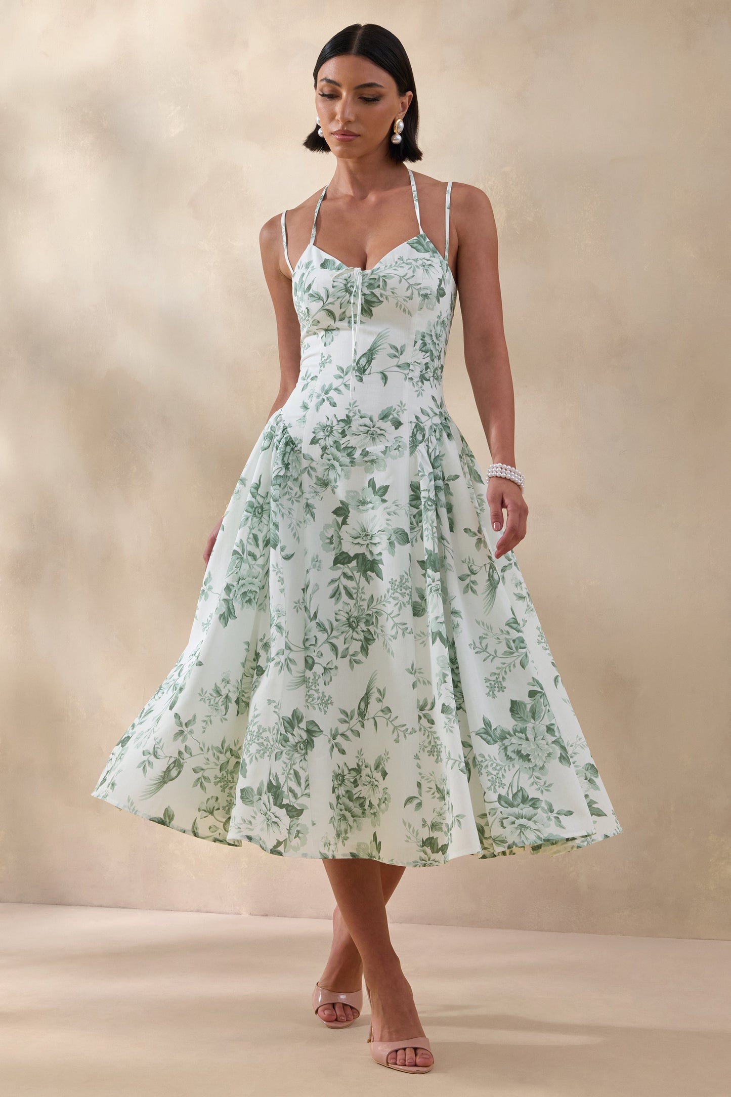 Audrey | Green Floral Print Sweetheart-Neck Midi Dress With Ruching Detail