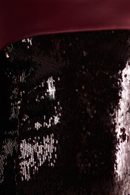 Casandra | Burgundy Sequin Bandeau Mini Dress With Satin Trim