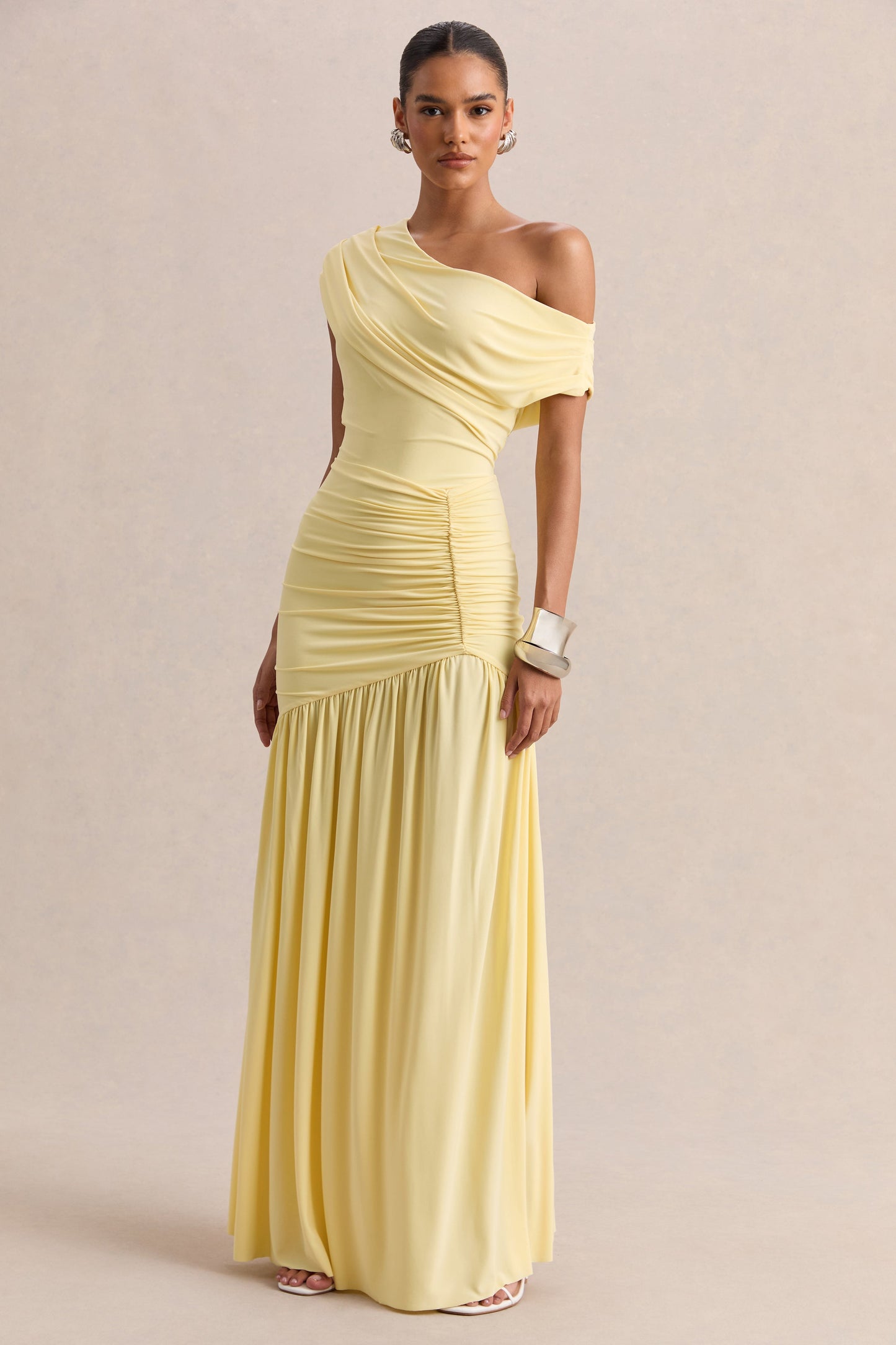 Kady | Lemon Asymmetric-Neck Maxi Dress With Ruched Detailing