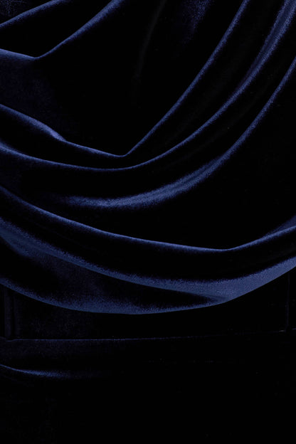 High End | Navy Velvet Asymmetric-Neck Midi Dress With Draped Detailing