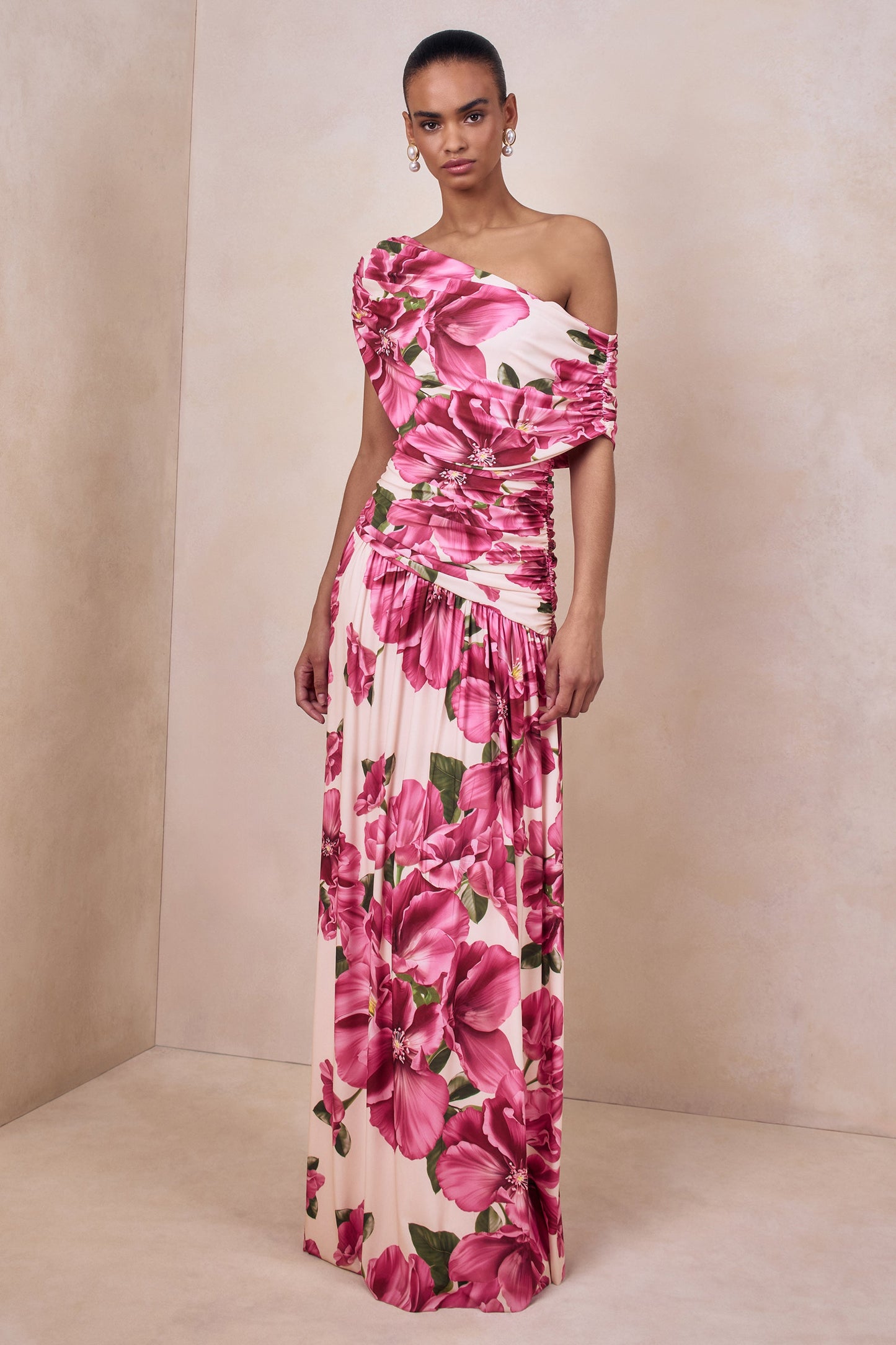Emberly | Pink Hibiscus Floral Print Asymmetric Neck Maxi Dress With Drop Waist