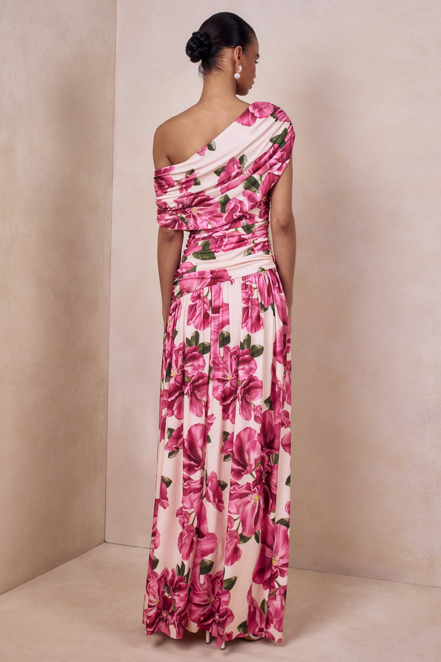 Emberly | Pink Hibiscus Floral Print Asymmetric Neck Maxi Dress With Drop Waist