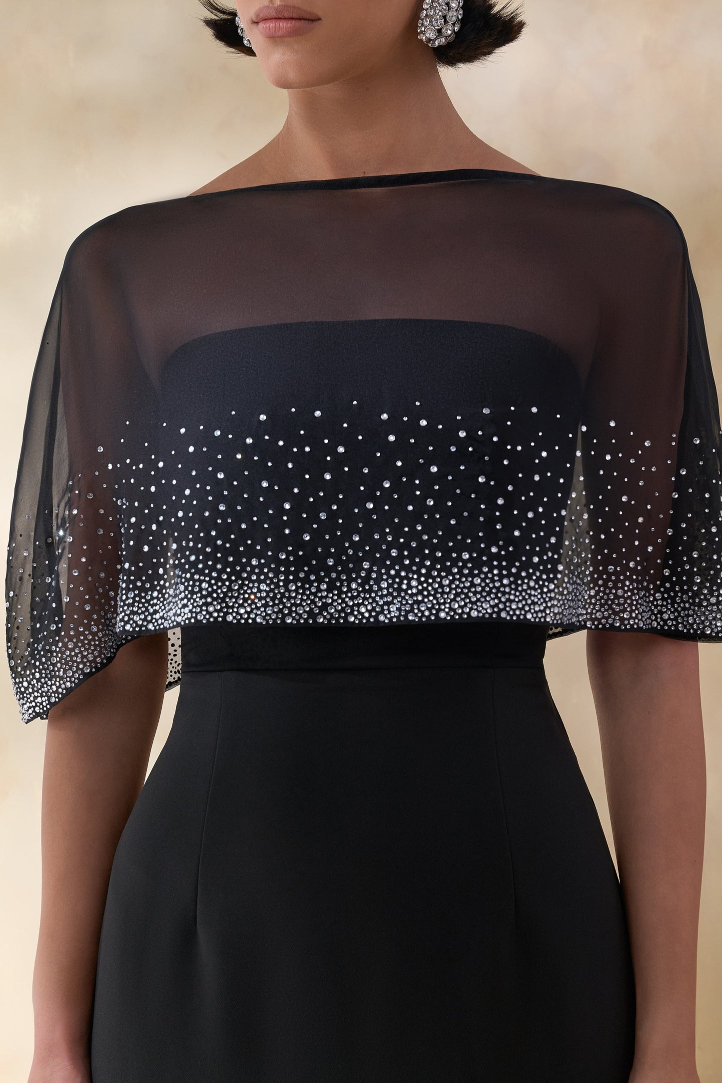 Everly | Black Hand-Embellished Cape-Sleeve Maxi Dress
