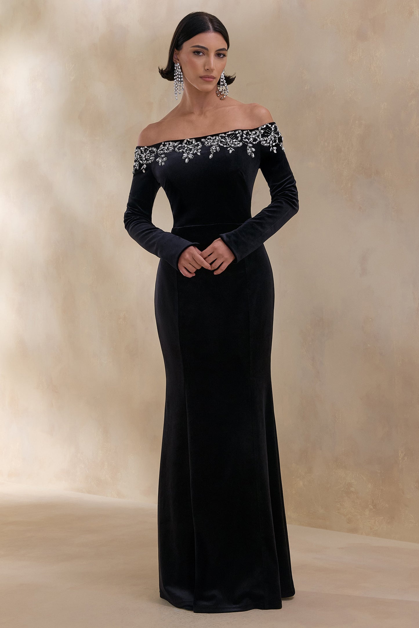 Fern | Black Velvet Embellished Bardot-Neck Maxi Dress