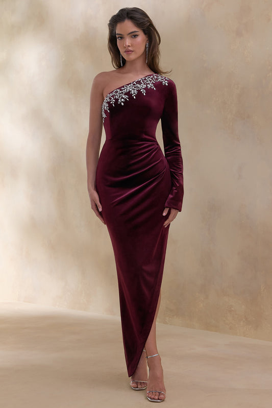 Nyssa | Burgundy Embellished Asymmetric-Neck Maxi Dress