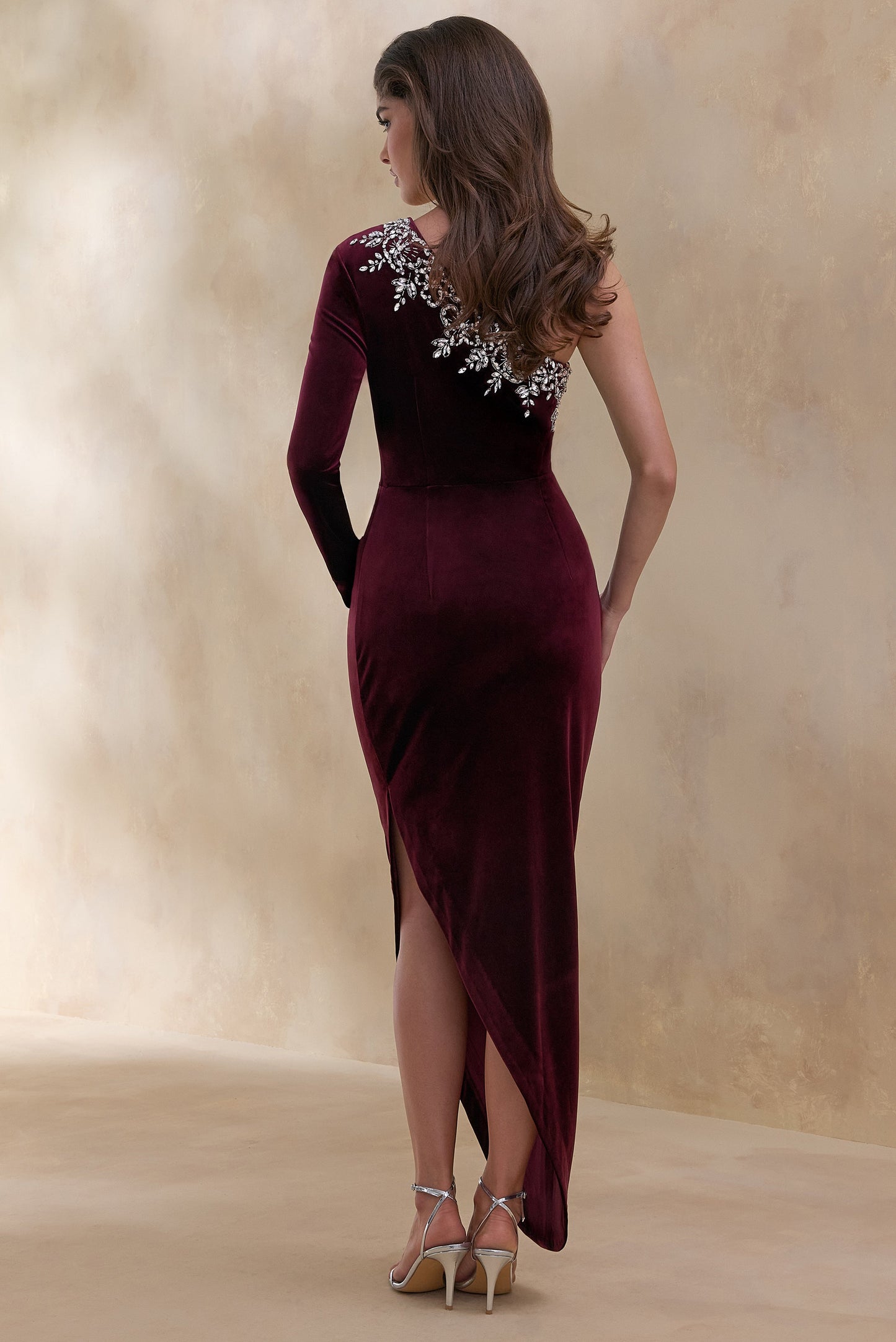 Nyssa | Burgundy Embellished Asymmetric-Neck Maxi Dress