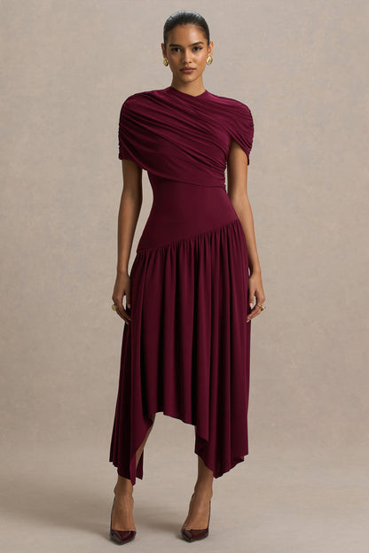 Ione | Burgundy Wrapped Midi Dress With Hanky Hem