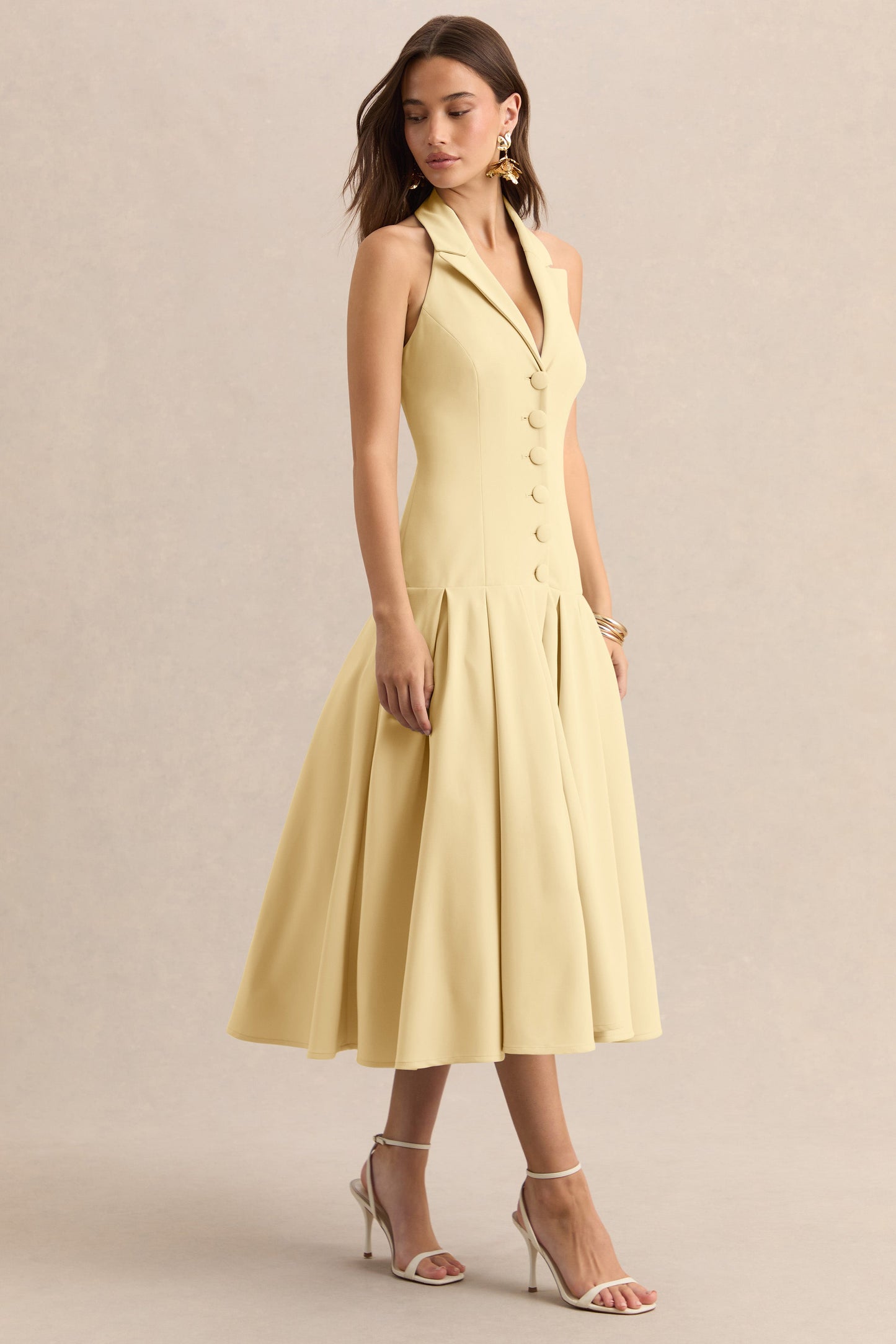 Elise | Lemon Plunge-Neck Midi Dress With Drop-Waist