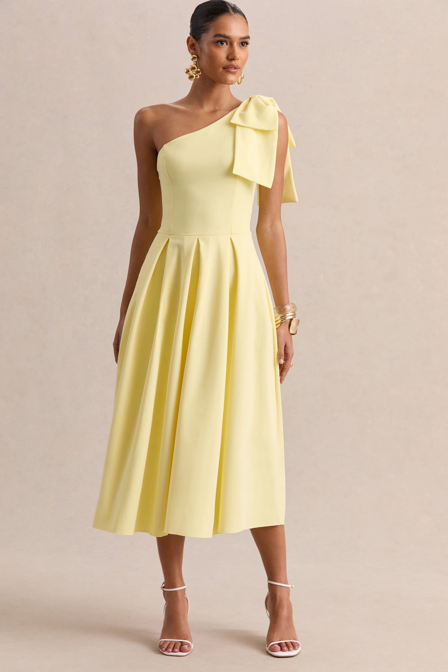 Meria | Lemon Asymmetric-Neck Midi Dress With Bow-Sleeve