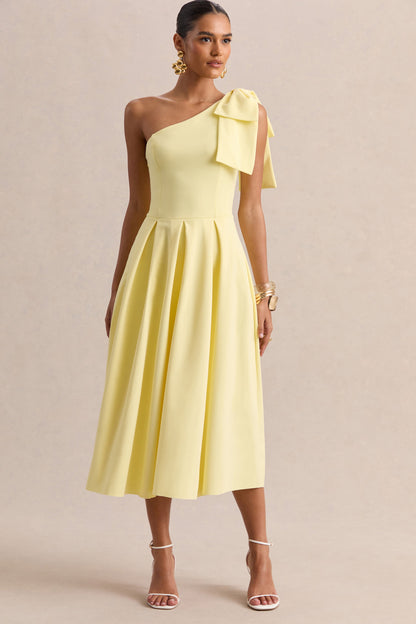 Meria | Lemon Asymmetric-Neck Midi Dress With Bow-Sleeve