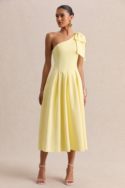 Meria | Lemon Asymmetric-Neck Midi Dress With Bow-Sleeve