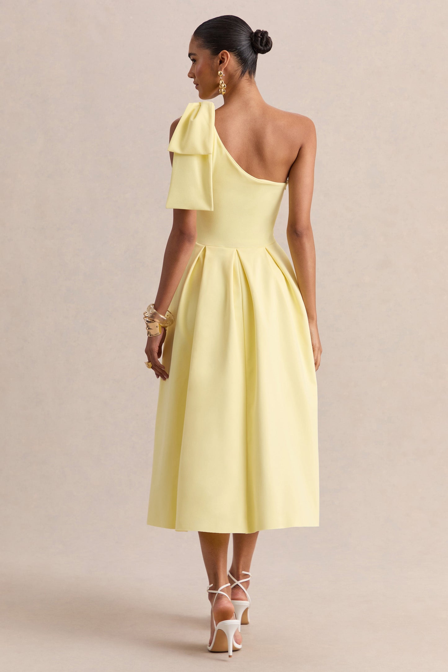Meria | Lemon Asymmetric-Neck Midi Dress With Bow-Sleeve