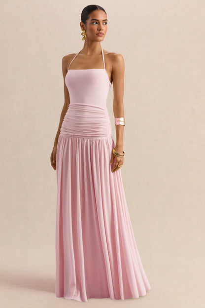 Nicolette | Pink Square-Neck Maxi Dress With Ruched-Detailing