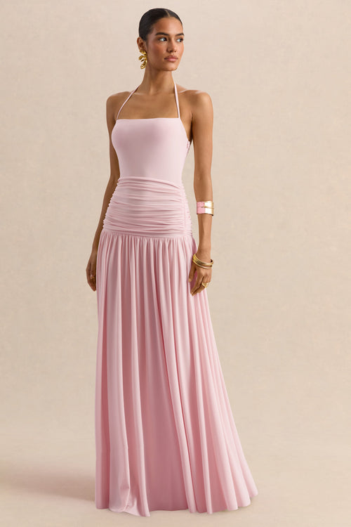 Nicolette | Pink Square-Neck Maxi Dress With Ruched-Detailing