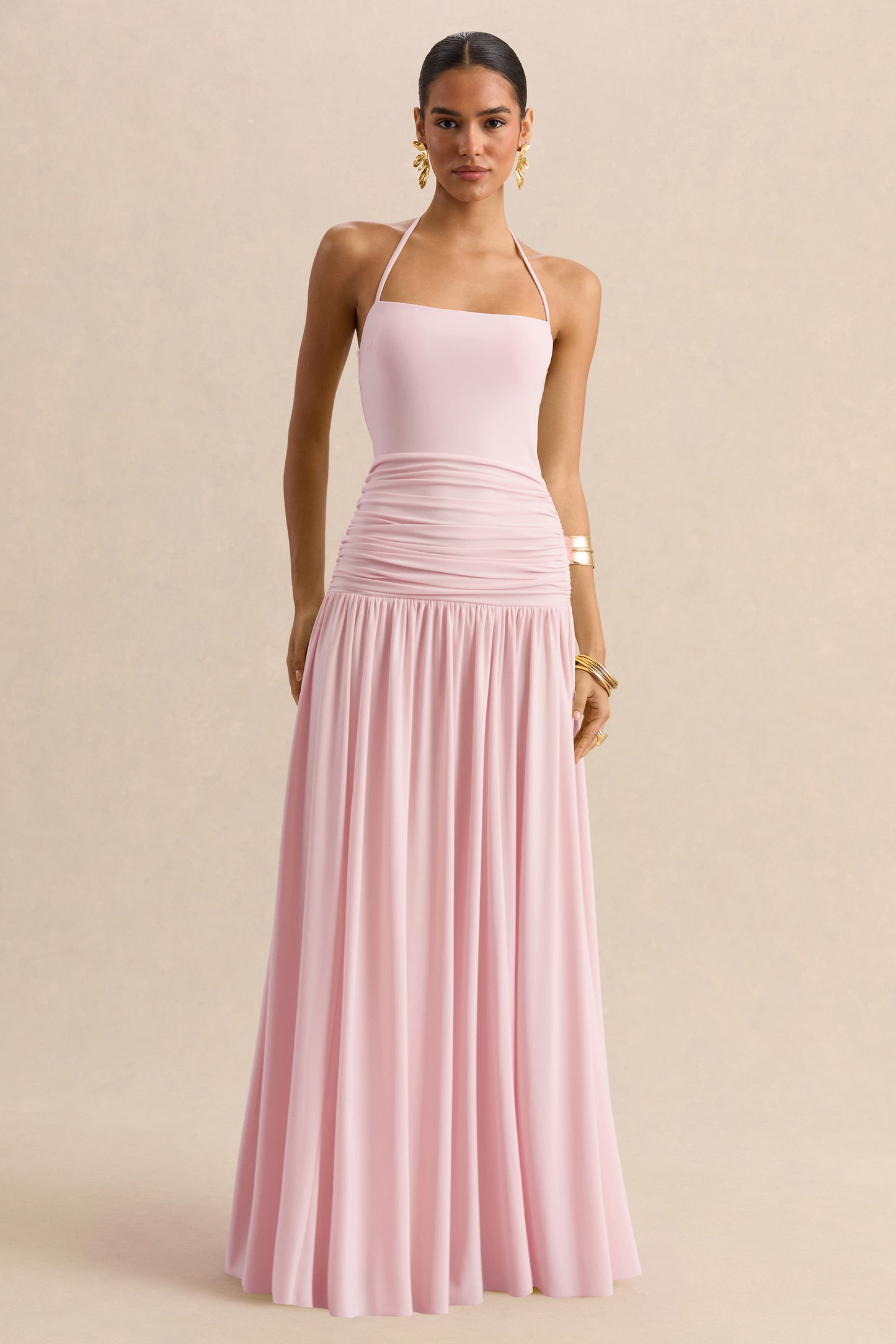 Nicolette | Pink Square-Neck Maxi Dress With Ruched-Detailing