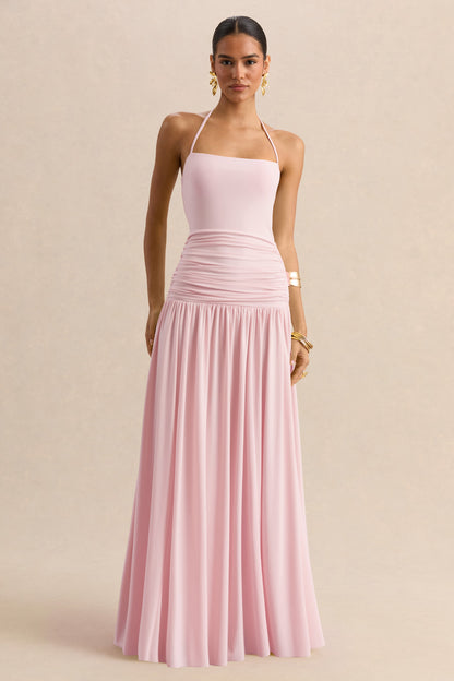 Nicolette | Pink Square-Neck Maxi Dress With Ruched-Detailing