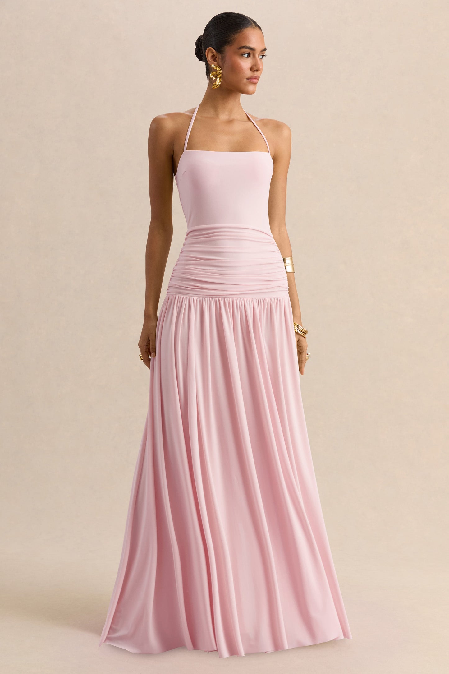 Nicolette | Pink Square-Neck Maxi Dress With Ruched-Detailing