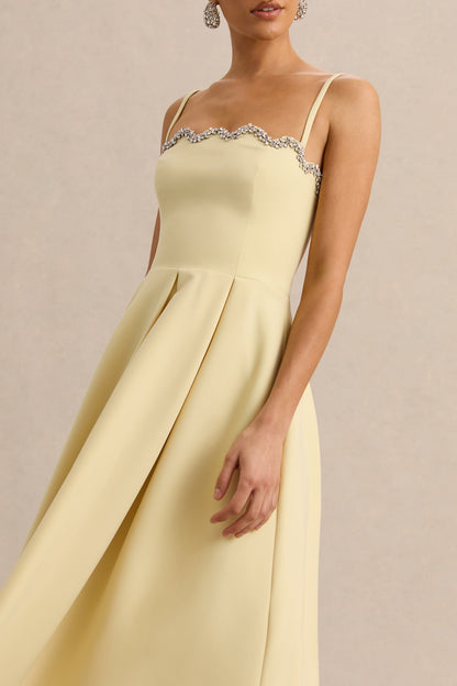 Evoria | Lemon Scalloped Square-Neck Midi Dress
