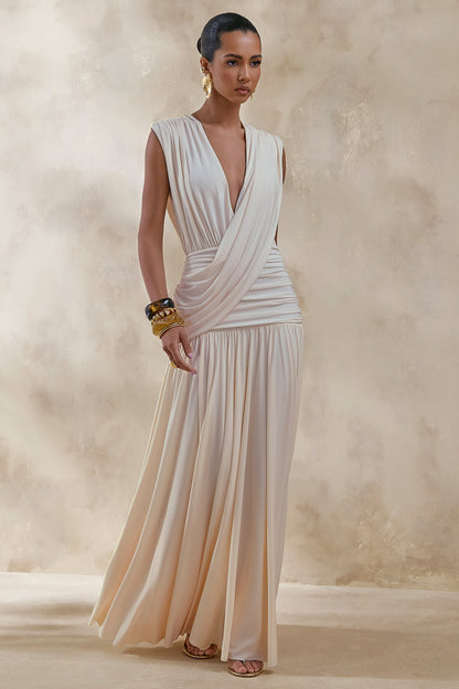 Glorina | Cream Plunge-Neck Maxi Dress With Draped-Detailing