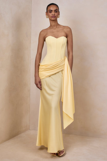 Nalira | Lemon Satin Bandeau Maxi Dress With Draped Skirt