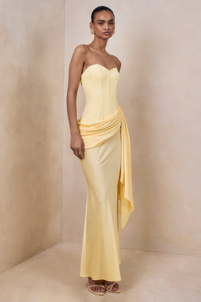 Nalira | Lemon Satin Bandeau Maxi Dress With Draped Skirt