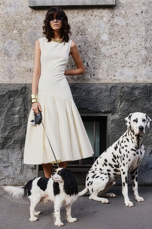 Fantasia | Cream Boat-Neck Midi Dress With Asymmetric Drop-Waist