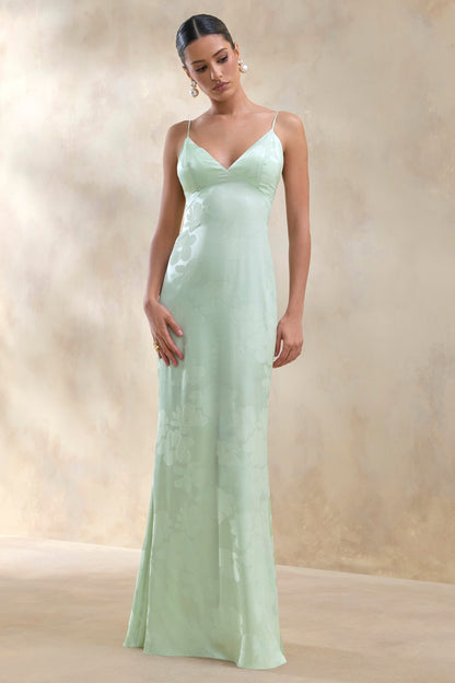 Carelle | Green Satin Plunge-Neck Maxi Dress With Asymmetric Drop-Waist