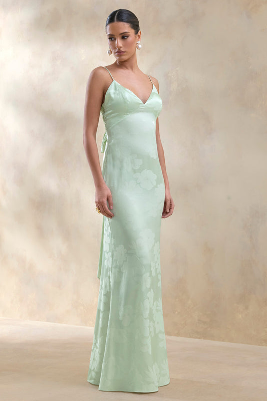 Carelle | Green Satin Plunge-Neck Maxi Dress With Asymmetric Drop-Waist