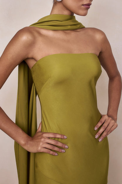 Charly | Olive Matte Satin Bandeau Maxi Dress With Scarf-Detail