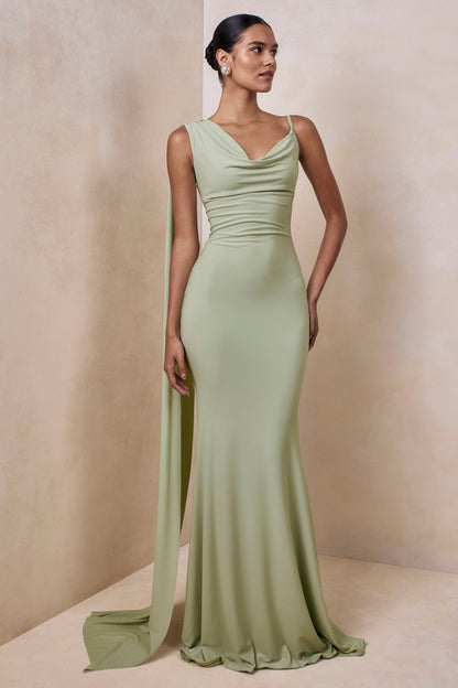 Kenza | Mint Asymmetric-Neck Maxi Dress With Scarf-Detail