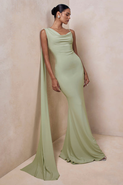 Kenza | Mint Asymmetric-Neck Maxi Dress With Scarf-Detail