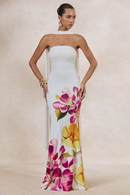 Brooke | Hot Pink And Lemon Floral Print Bandeau Neck Maxi Dress With Scarf