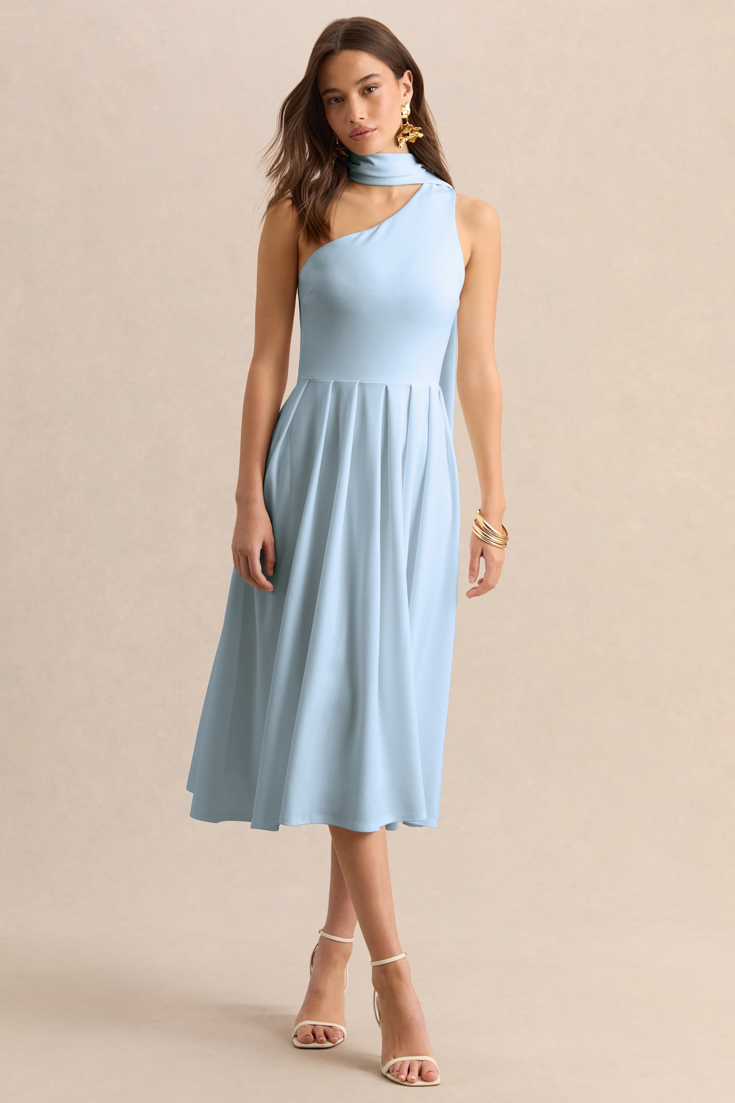 Odette | Powder Blue Asymmetric-Neck Midi Dress With Scarf