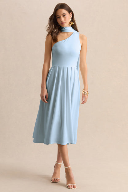Odette | Powder Blue Asymmetric-Neck Midi Dress With Scarf