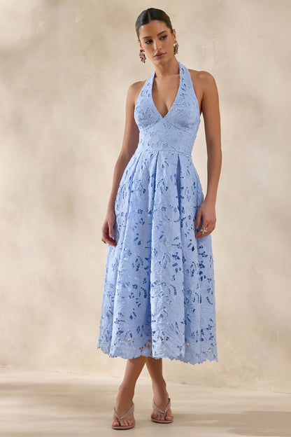 Maribel | Powder Blue Lace Plunge-Neck Midi Dress
