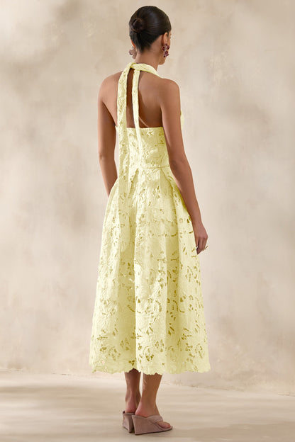 Maribel | Lemon Lace Plunge-Neck Midi Dress