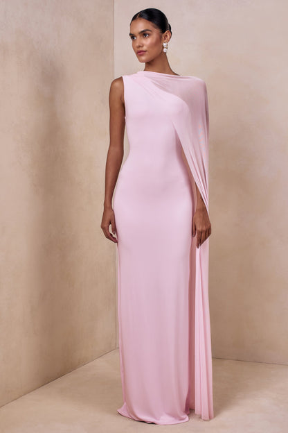 Mirelle | Light Pink Boat-Neck Maxi Dress With Cape-Sleeve