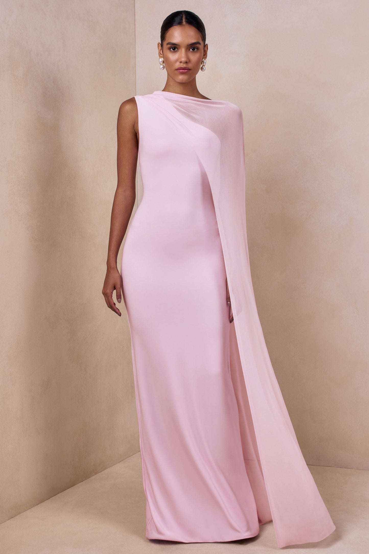 Mirelle | Light Pink Boat-Neck Maxi Dress With Cape-Sleeve