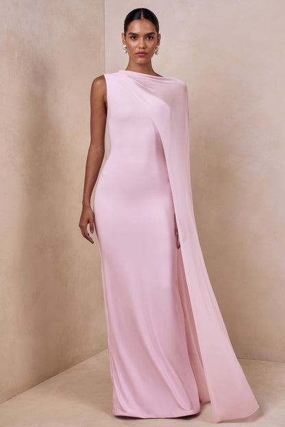 Mirelle | Light Pink Boat-Neck Maxi Dress With Cape-Sleeve