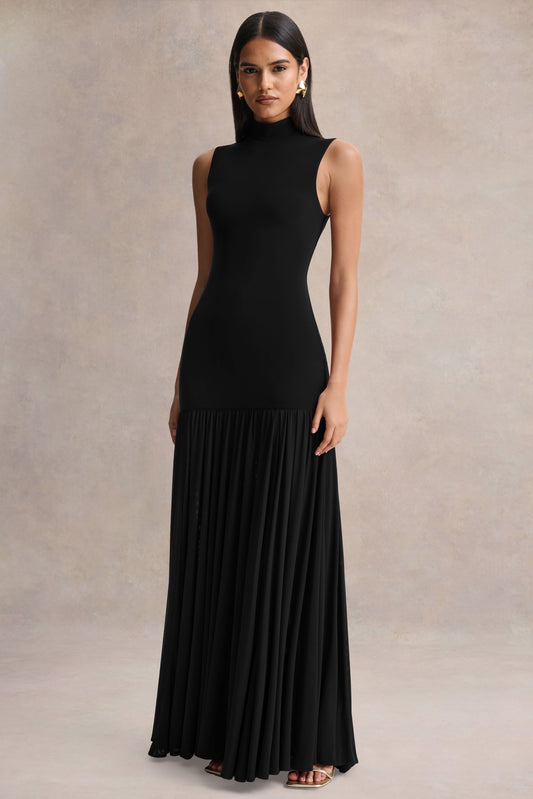 Gigi | Black High-Neck Maxi Dress With Drop-Waist And Sheer Skirt