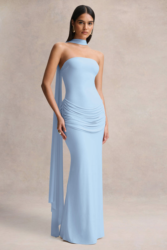 Graciella | Light Blue Bandeau Maxi Dress With Draped Detailing And Scarf