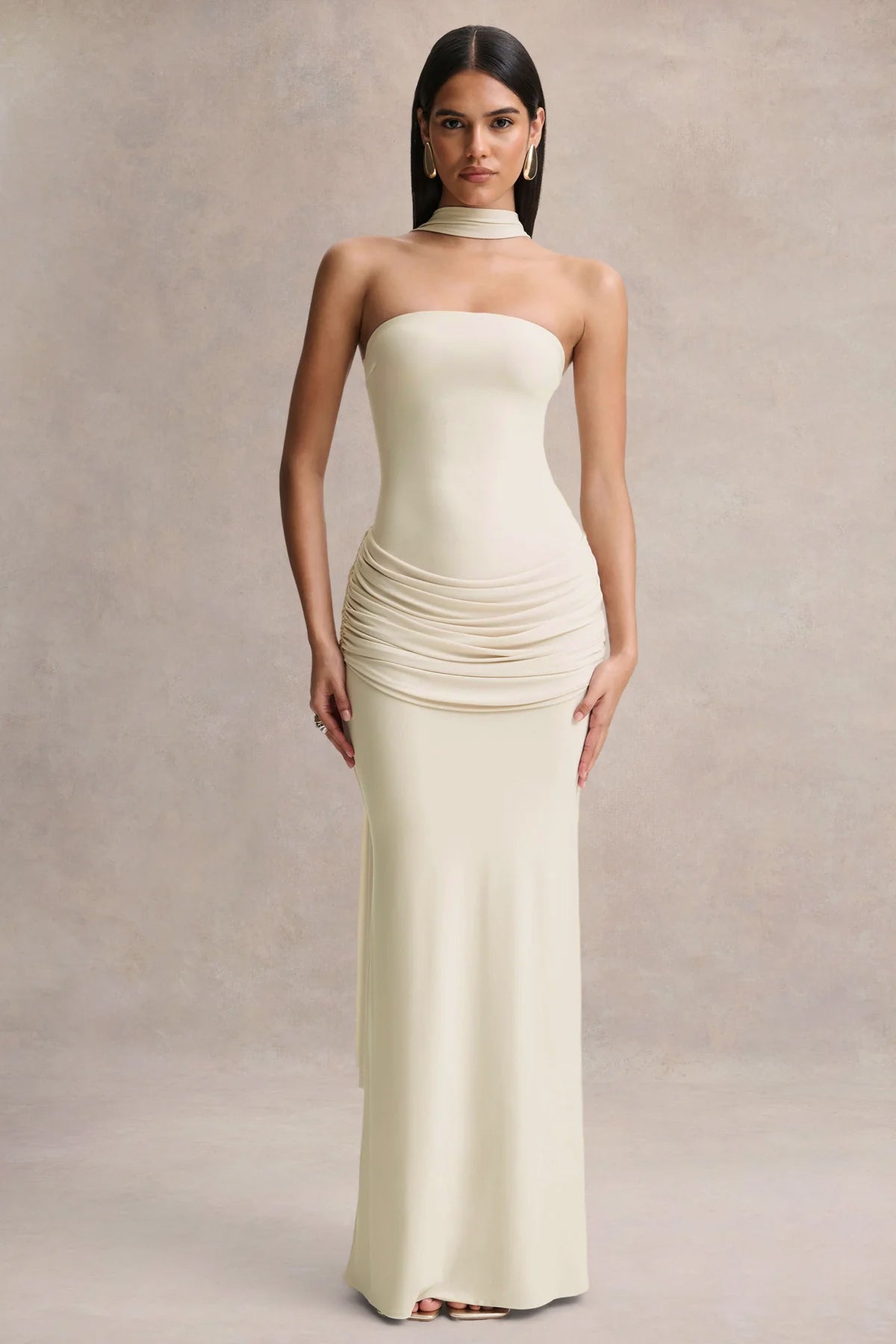 Graciella | Cream Bandeau Maxi Dress With Draped Detailing And Scarf