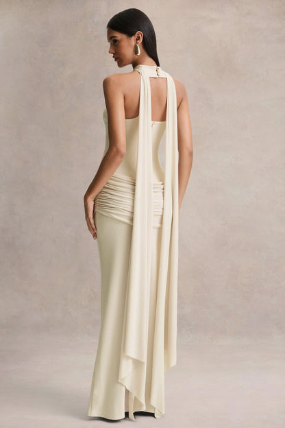 Graciella | Cream Bandeau Maxi Dress With Draped Detailing And Scarf