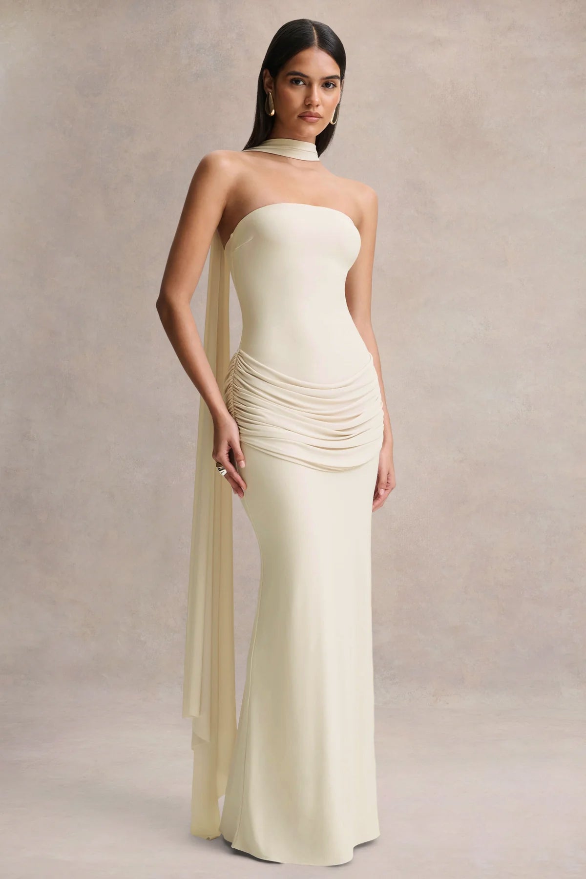Graciella | Cream Bandeau Maxi Dress With Draped Detailing And Scarf