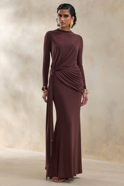 Kyrissa | Brown High-Neck Maxi Dress With Gathered-Detailing