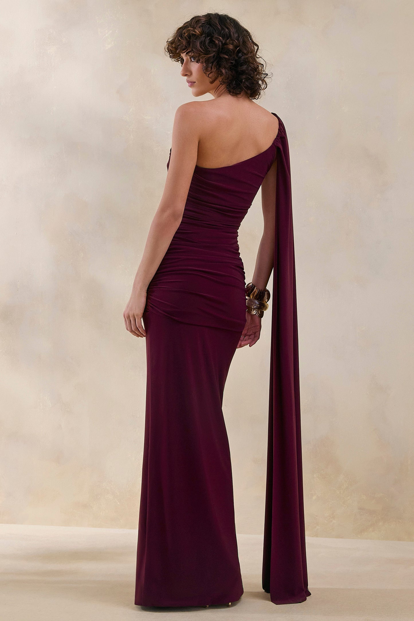 Bettine | Burgundy Asymmetric-Neck Maxi Dress With Cape-Sleeve