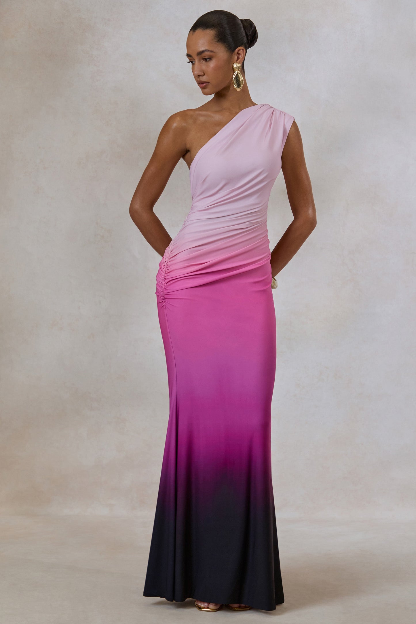 Lauretta | Pink Ombre Asymmetric Maxi Dress With Ruching